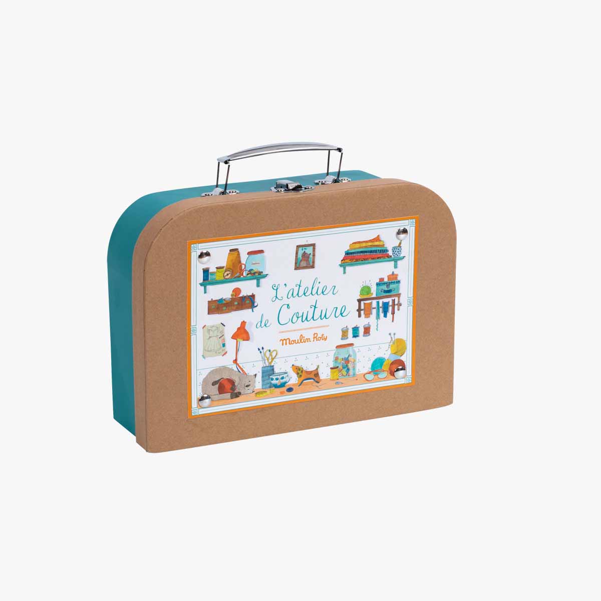 Closed teal metal Moulin Roty 'L'atelier de Couture' sewing kit with illustration