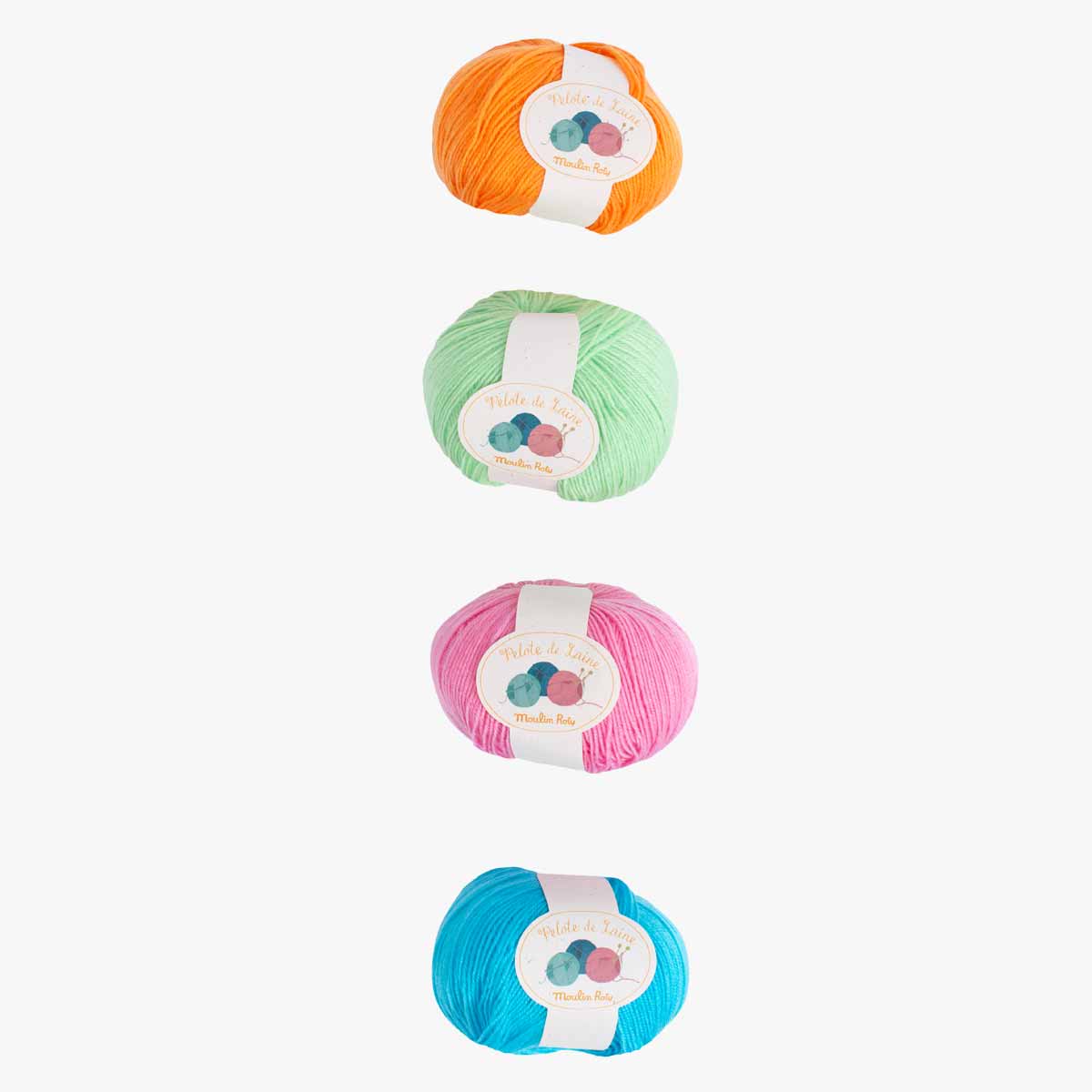 Moulin Roty colorful yarn balls in orange, mint, pink, and blue with brand label