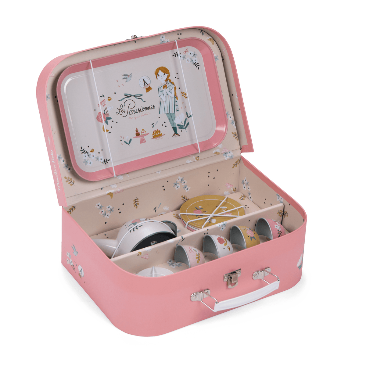 Open Moulin Roty tea suitcase interior with molded dividers securing teapot, plates, and cups