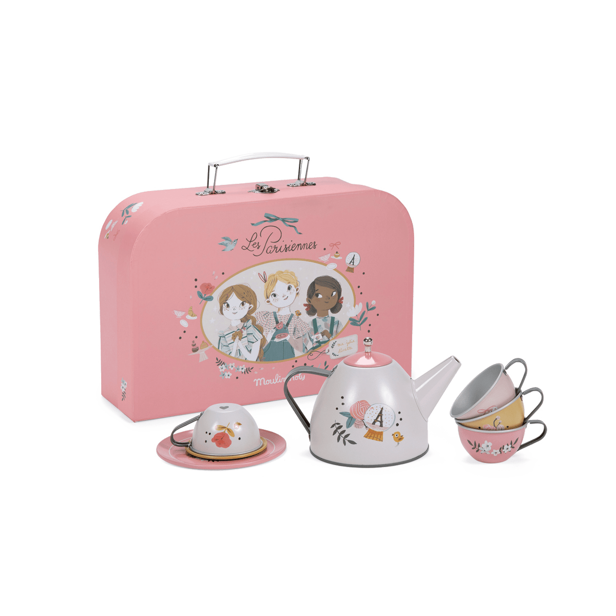 Moulin Roty Les Parisiennes metal tea set with pink suitcase, teapot, and floral patterned cups