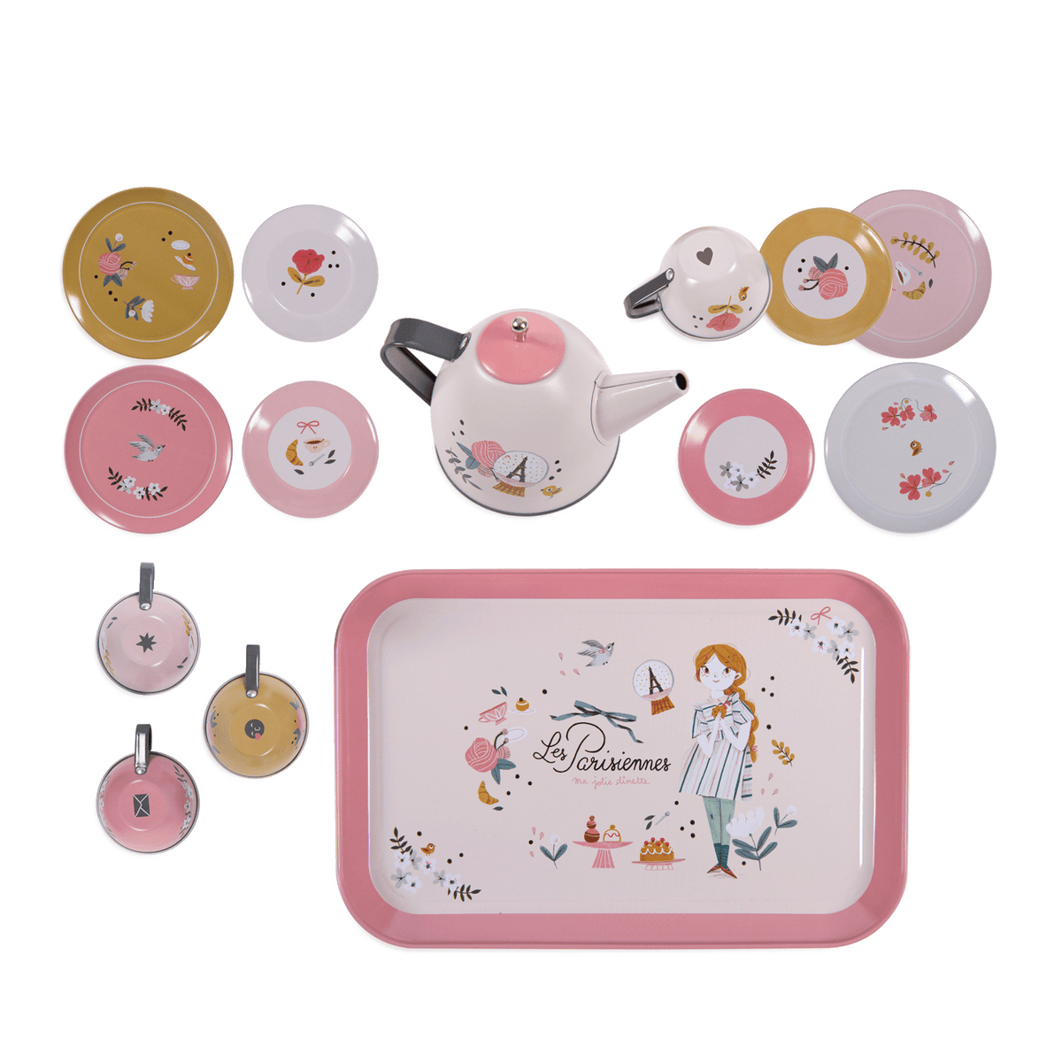 Complete Moulin Roty metal tea set including teapot, cups, saucers, and serving tray with Parisian motifs