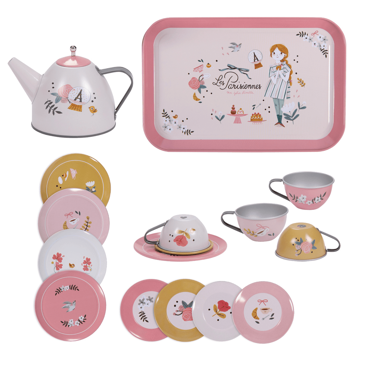 Disassembled Moulin Roty tea set components showing teapot, pink tray, and stacked patterned plates