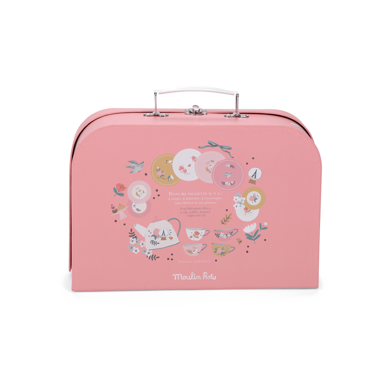 Back of Moulin Roty tea suitcase displaying contents list and illustrations of included items