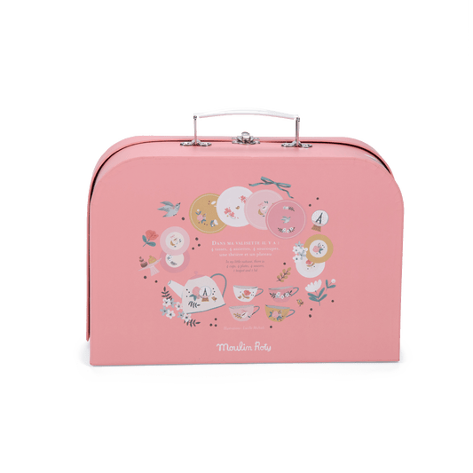 Back of Moulin Roty tea suitcase displaying contents list and illustrations of included items