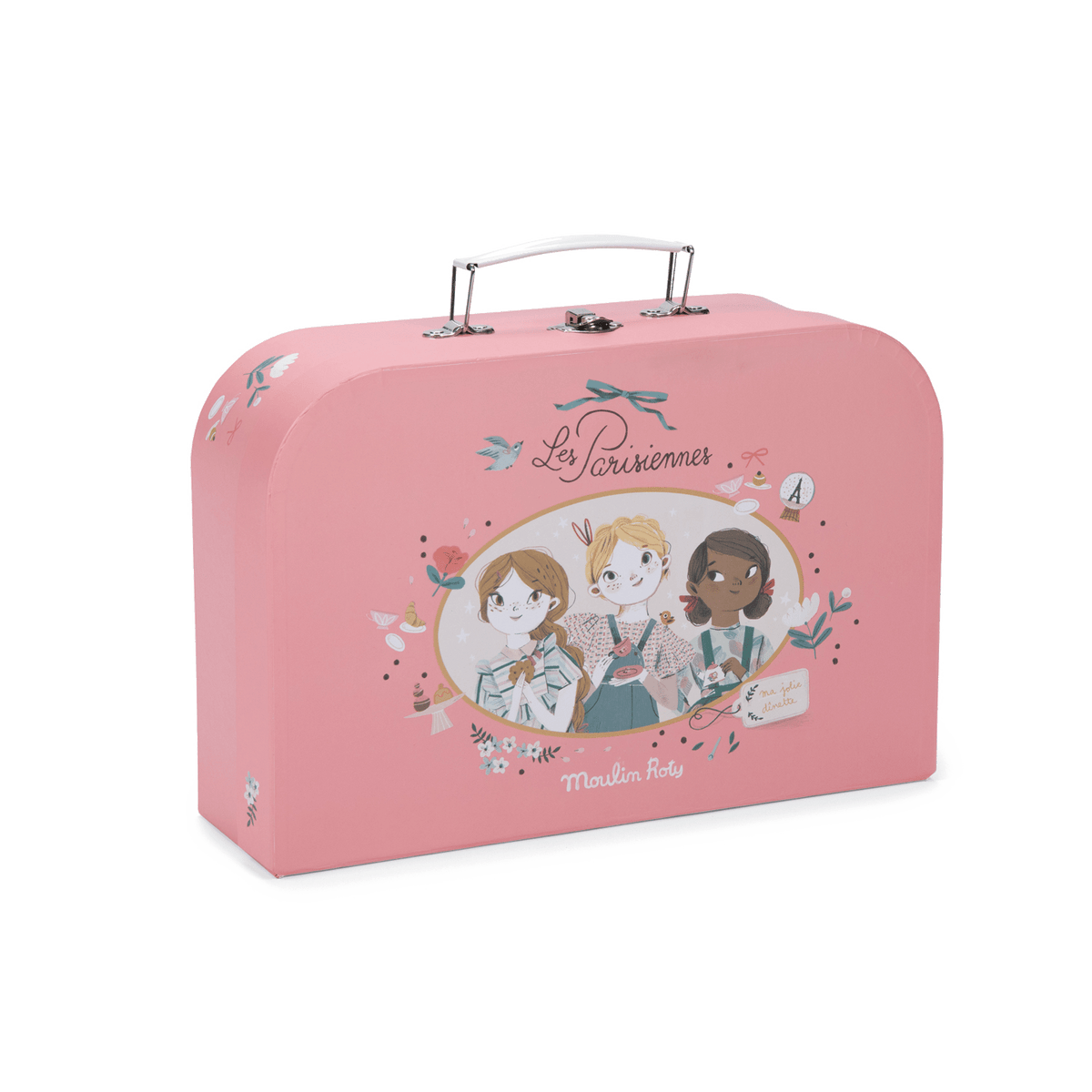 Moulin Roty Les Parisiennes metal tea set suitcase with floral and Eiffel Tower illustration