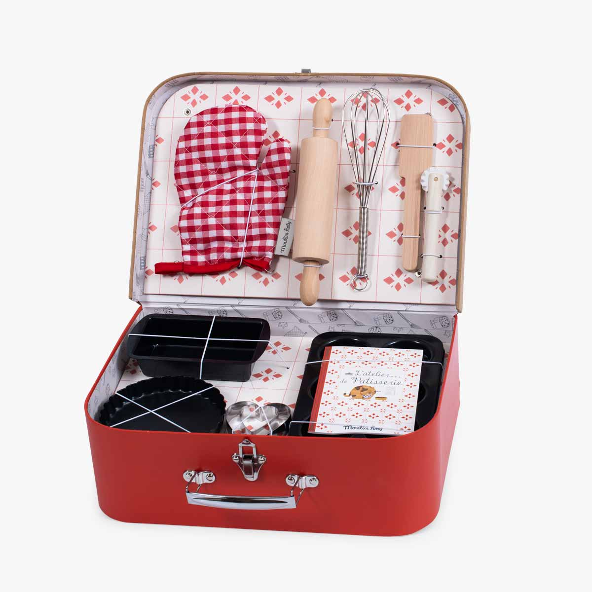 Open red Moulin Roty pastry suitcase baking set contents