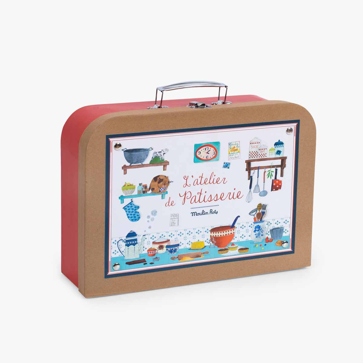 Closed red Moulin Roty pastry suitcase with illustration label