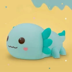 Blue silicone axolotl LED night light with teal gills and pink blush