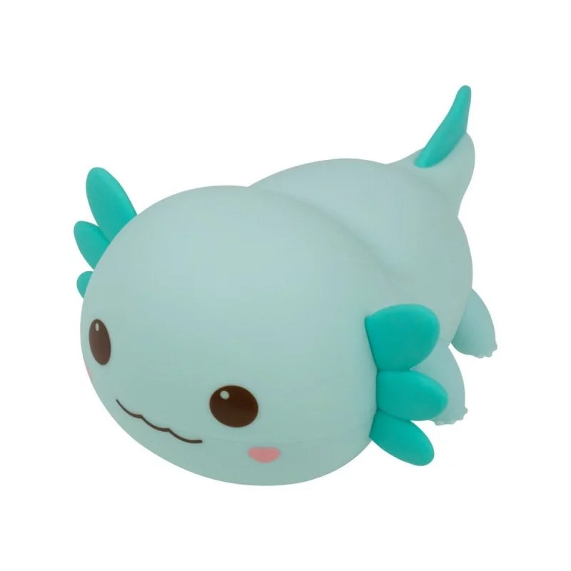 Unlit blue silicone axolotl night light showing facial details