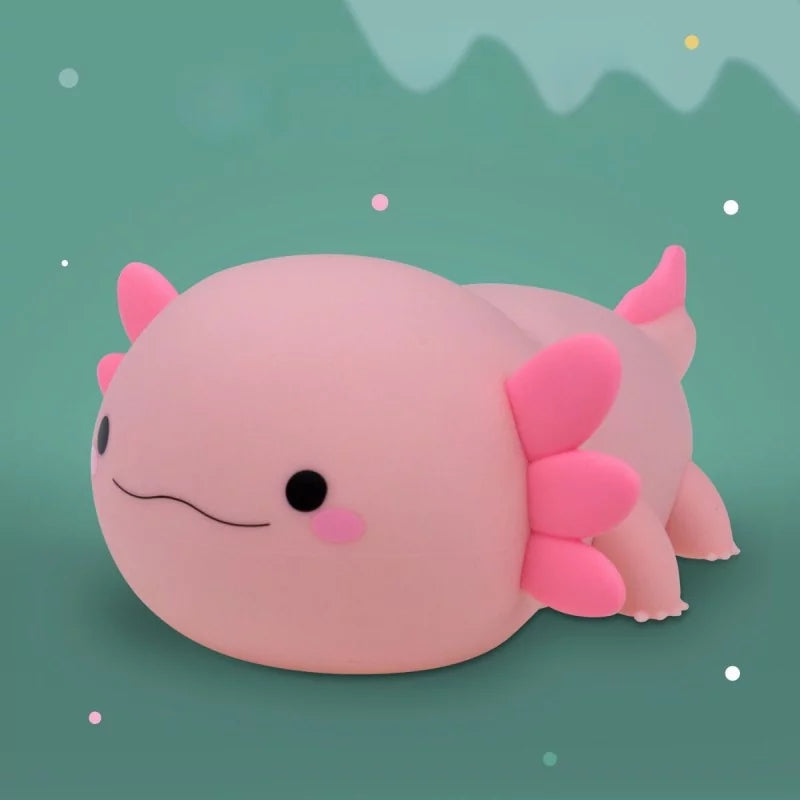 Pink silicone axolotl LED night light with matte finish and gill details
