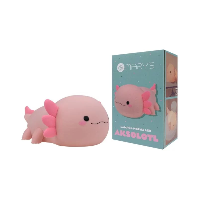 Mary's pink axolotl night light in teal retail packaging box
