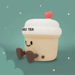 Side view of matte beige bubble tea LED lamp on teal background