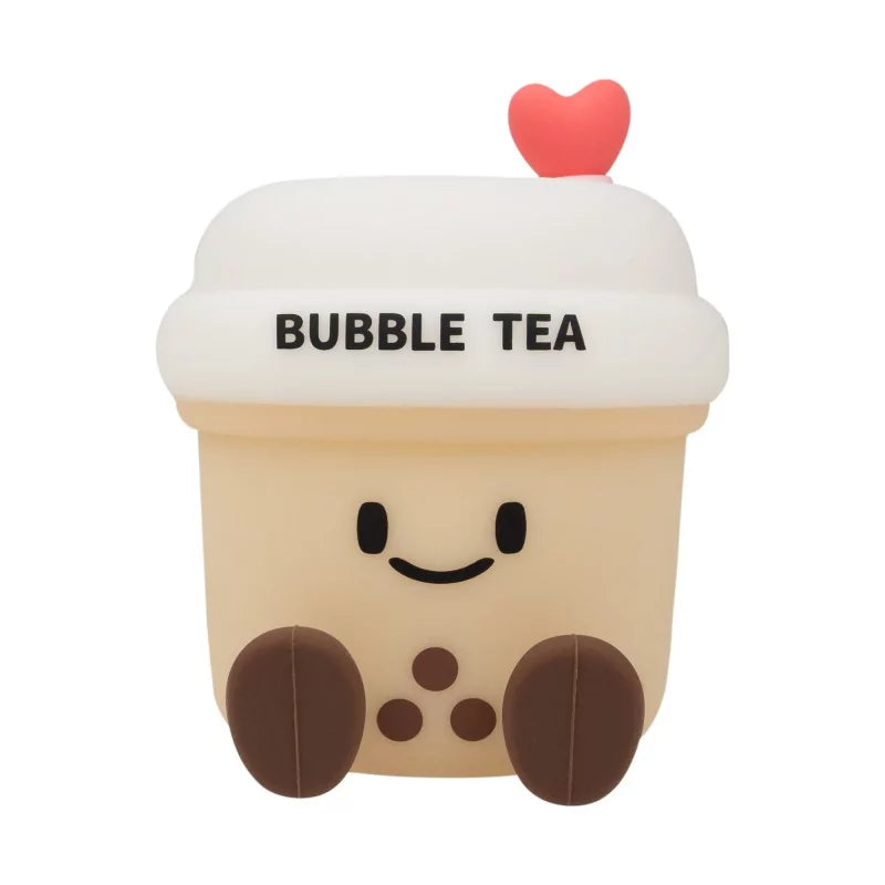 Beige silicone bubble tea night light with cute face and pink heart topper