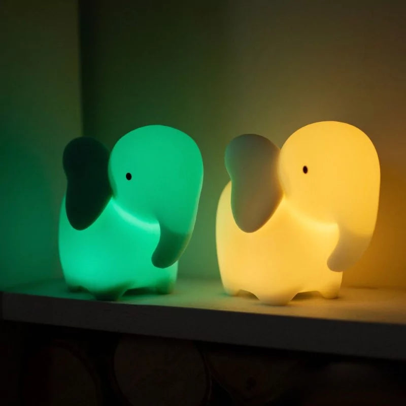 Turquoise and yellow elephant LED nightlight duo on shelf