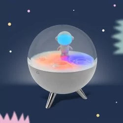 Blue LED moon night light with astronaut figurine and crater base