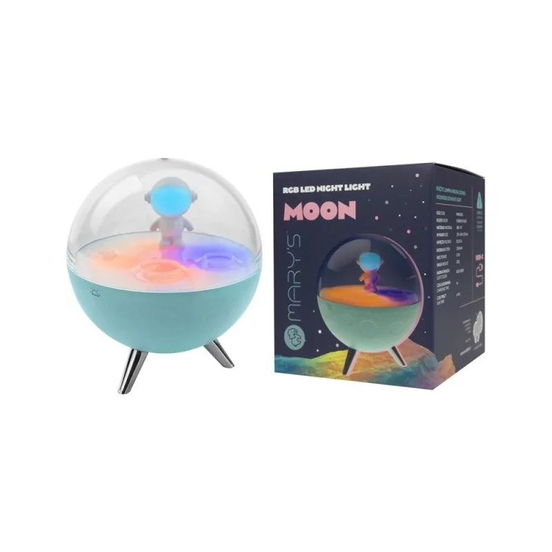 RGB LED moon night light next to dark blue packaging box