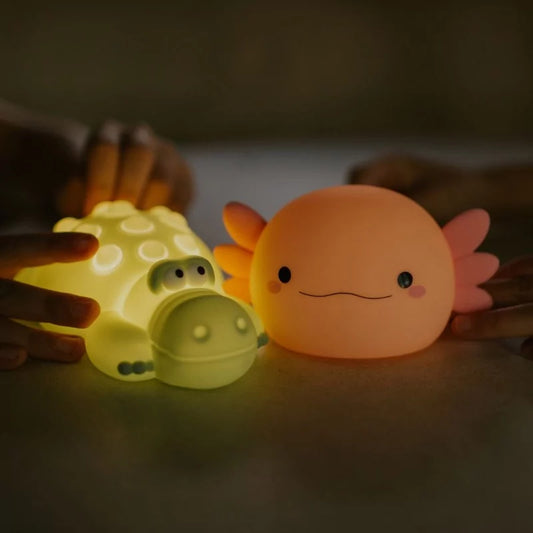 Green crocodile and orange axolotl LED pop-it night lights