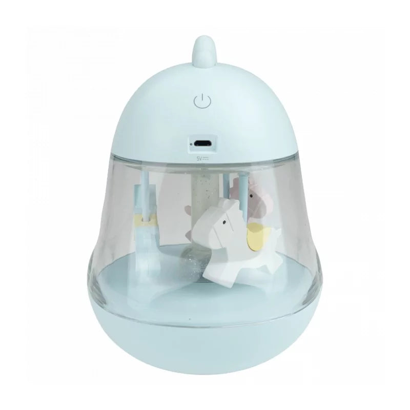 Light blue dome LED night light with USB-C port and rotating horse figures