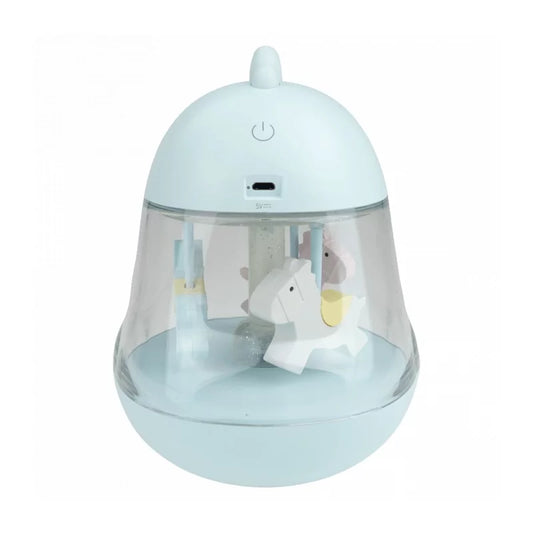 Light blue dome LED night light with USB-C port and rotating horse figures