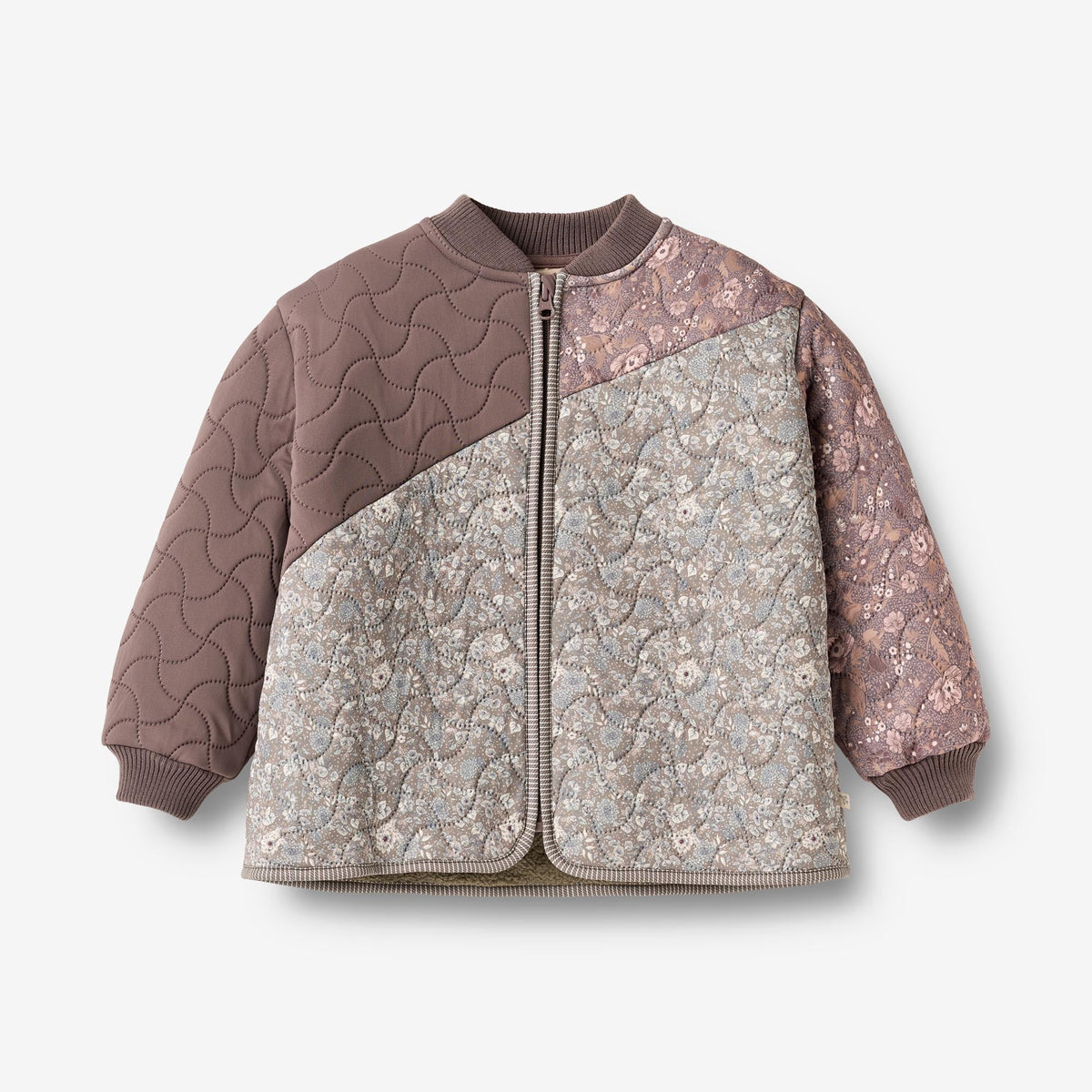 Front view of Nanna bomber jacket with asymmetrical mauve and floral patchwork