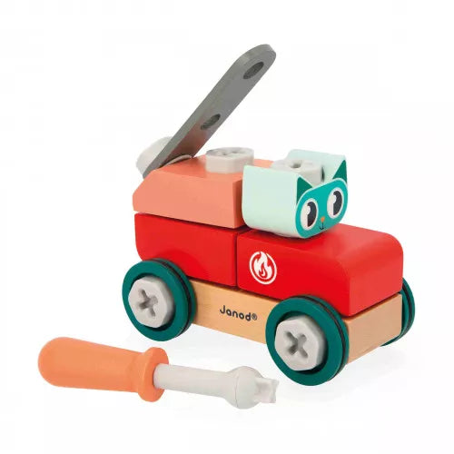 Colorful wooden cat car toy with flame logo and included screwdriver