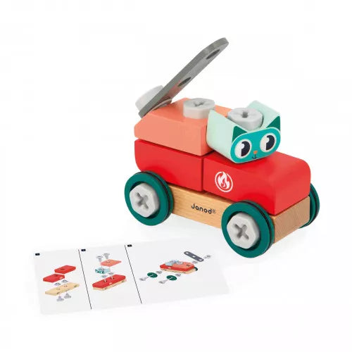 Assembled wooden cat car toy with red orange teal parts and screwdriver