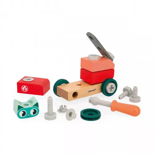 Partially assembled wooden toy car with scattered wood plastic parts