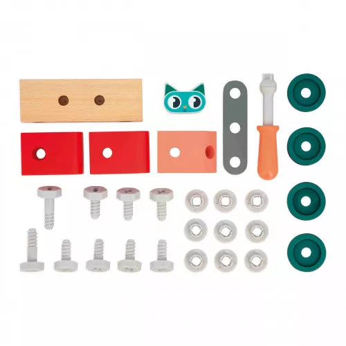 Flat lay of disassembled wooden blocks screws and tools for cat car