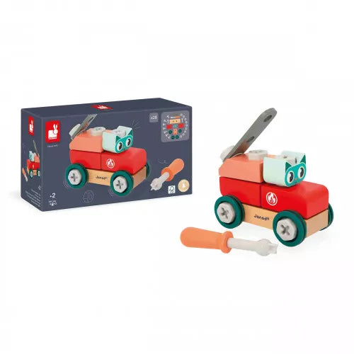 Wooden cat car toy next to JANOD packaging showing assembly parts