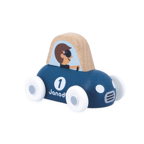 Close-up blue Janod wooden race car with number 1 and printed driver