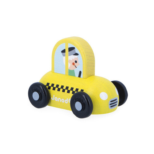 Yellow Janod wooden taxi toy with checkered pattern and driver figure for toddlers