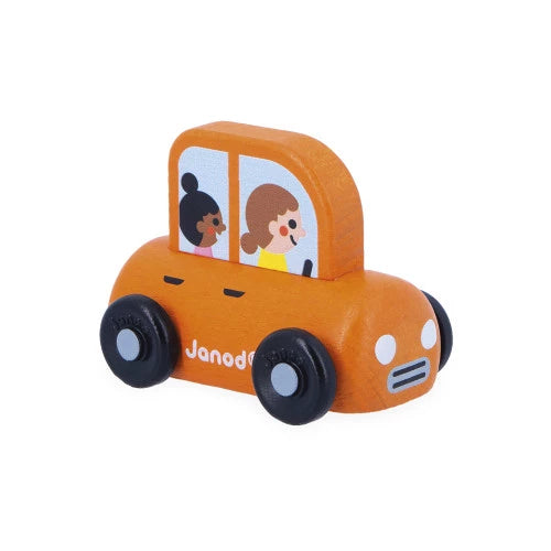 Orange wooden pull-along family car with cartoon passengers and Janod logo