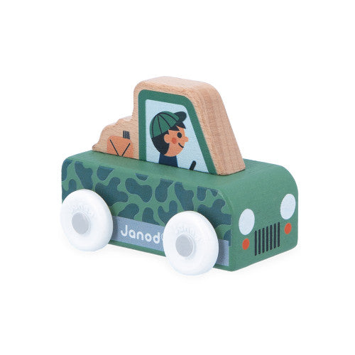Janod green camouflage wooden off-road toy car for toddlers with natural wood roof