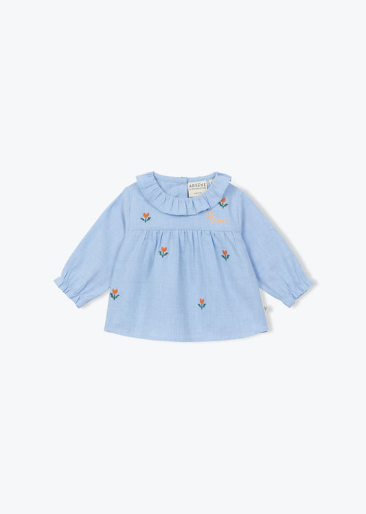 Blouse bébé broderie fleurs ciel