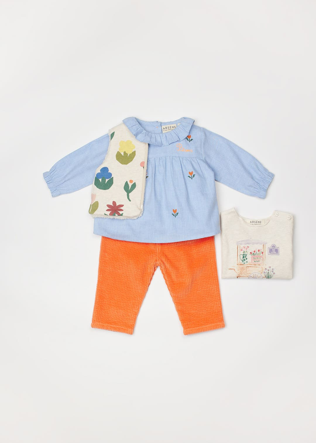 Blouse bébé broderie fleurs ciel