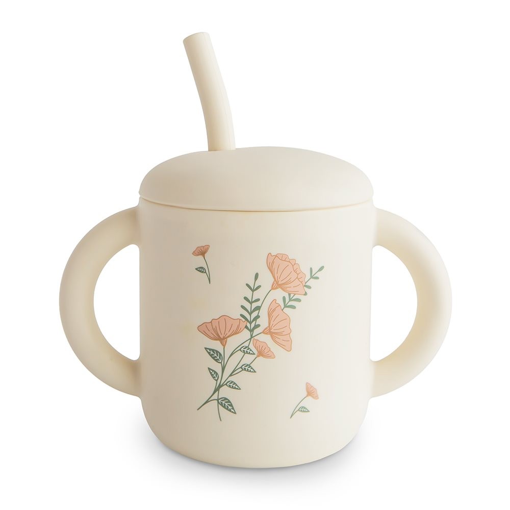 Tasse d’apprentissage en silicone avec paille – Pink Flowers