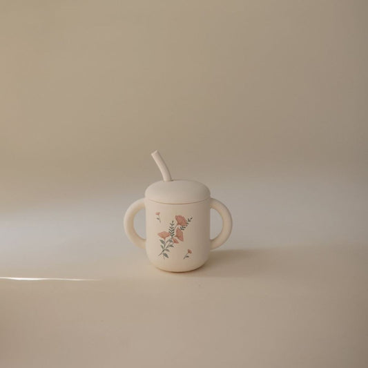 Tasse d’apprentissage en silicone avec paille – Pink Flowers