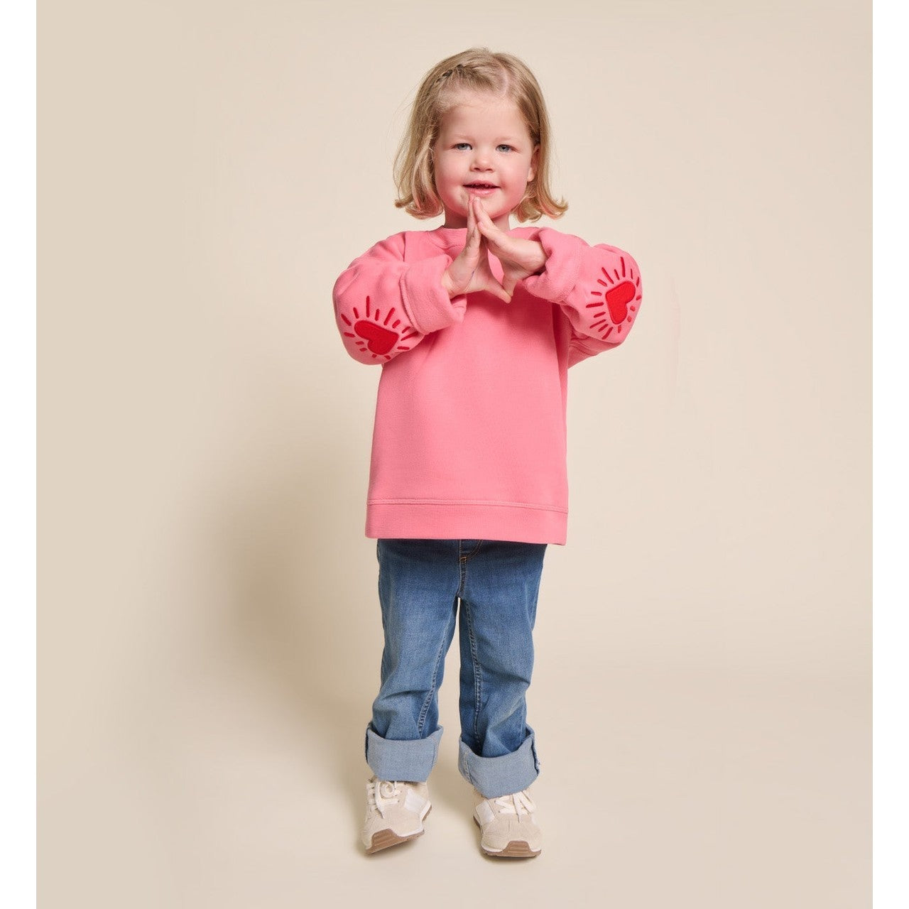 Le sweat Coeur solaire enfant avec coudières en coton bio - rose